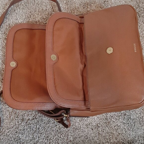 Fossil Peyton Double Flap Crossbody Bag Tan Brown Leather - Picture 9 of 16